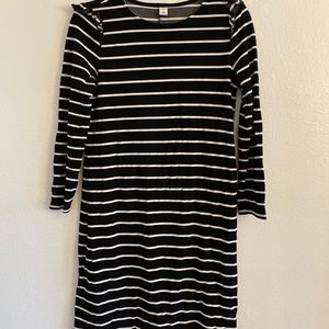 3/4 Sleeve Black & White Stripe Dress w/ Ruffle
